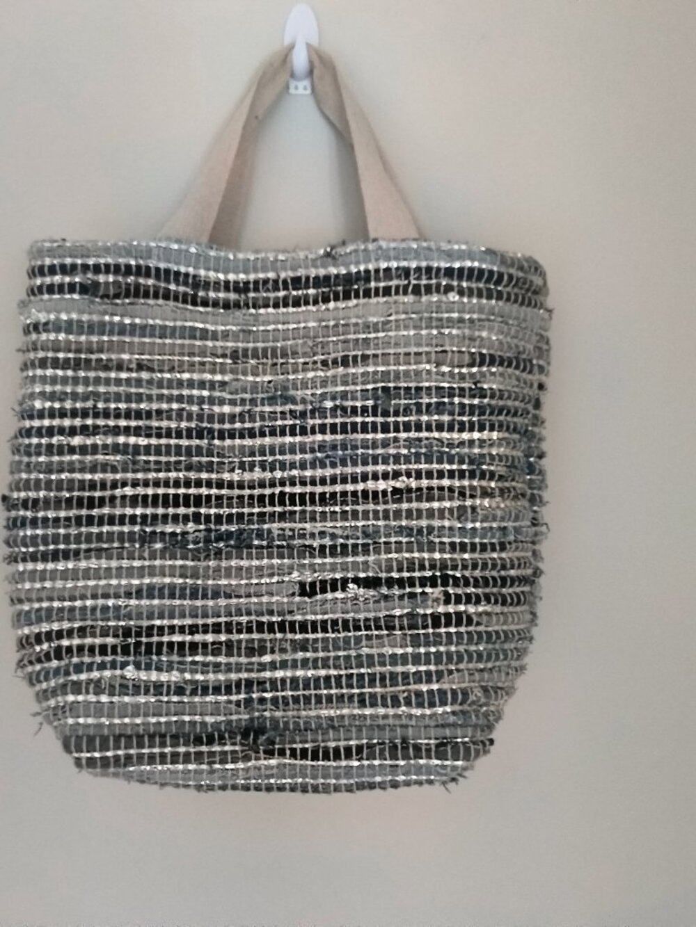 Hand-made in India, oversized blue and silver tote